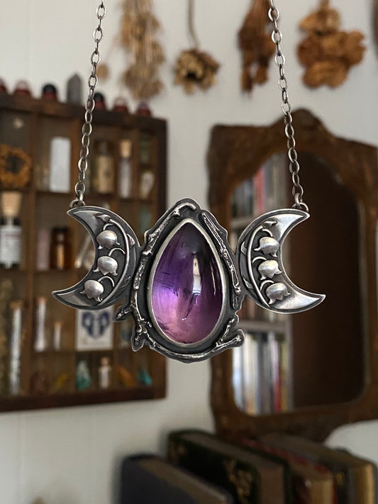 Amethyst & Lily of the Valley Triple Moon Pendant