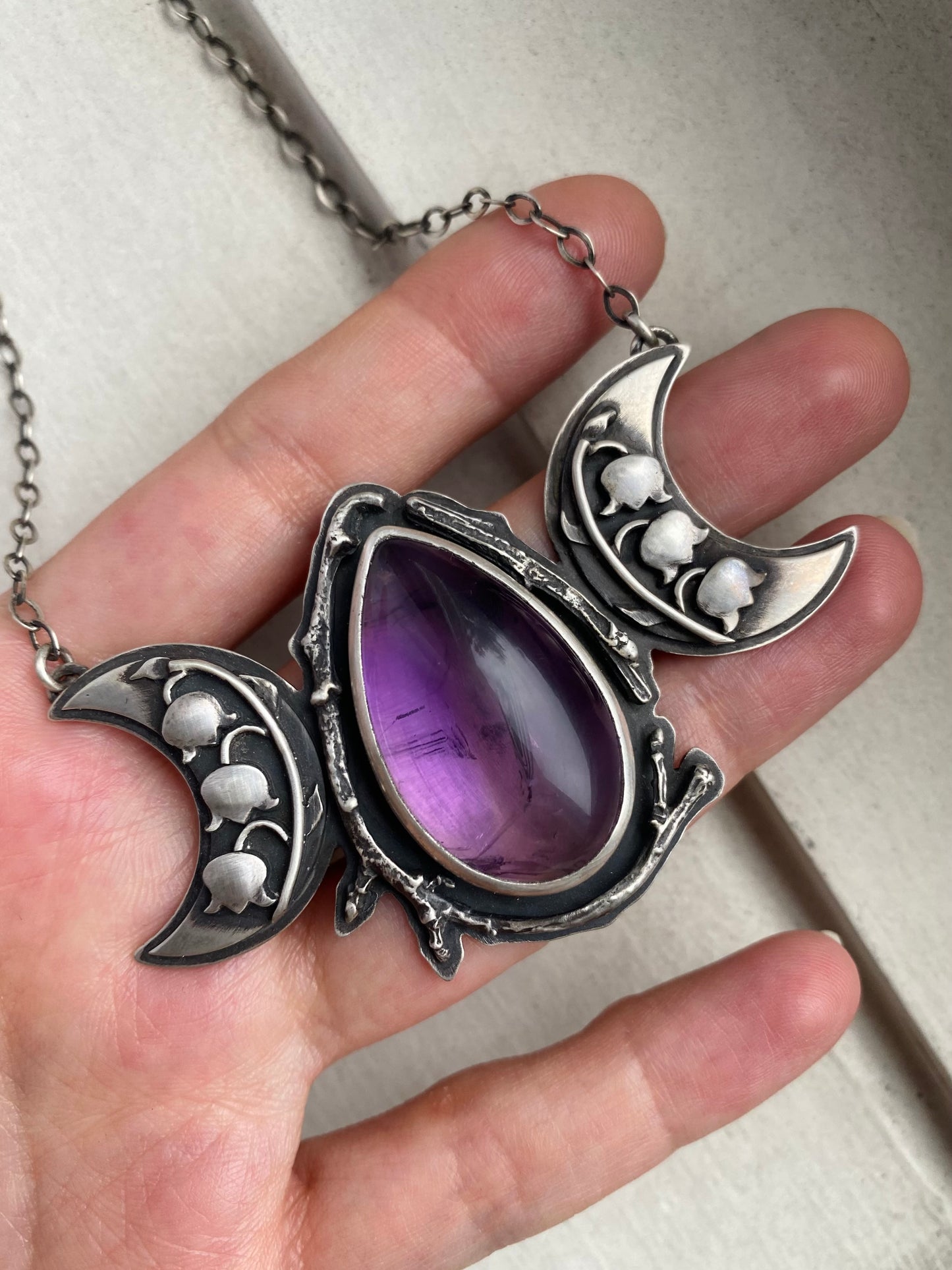 Amethyst & Lily of the Valley Triple Moon Pendant