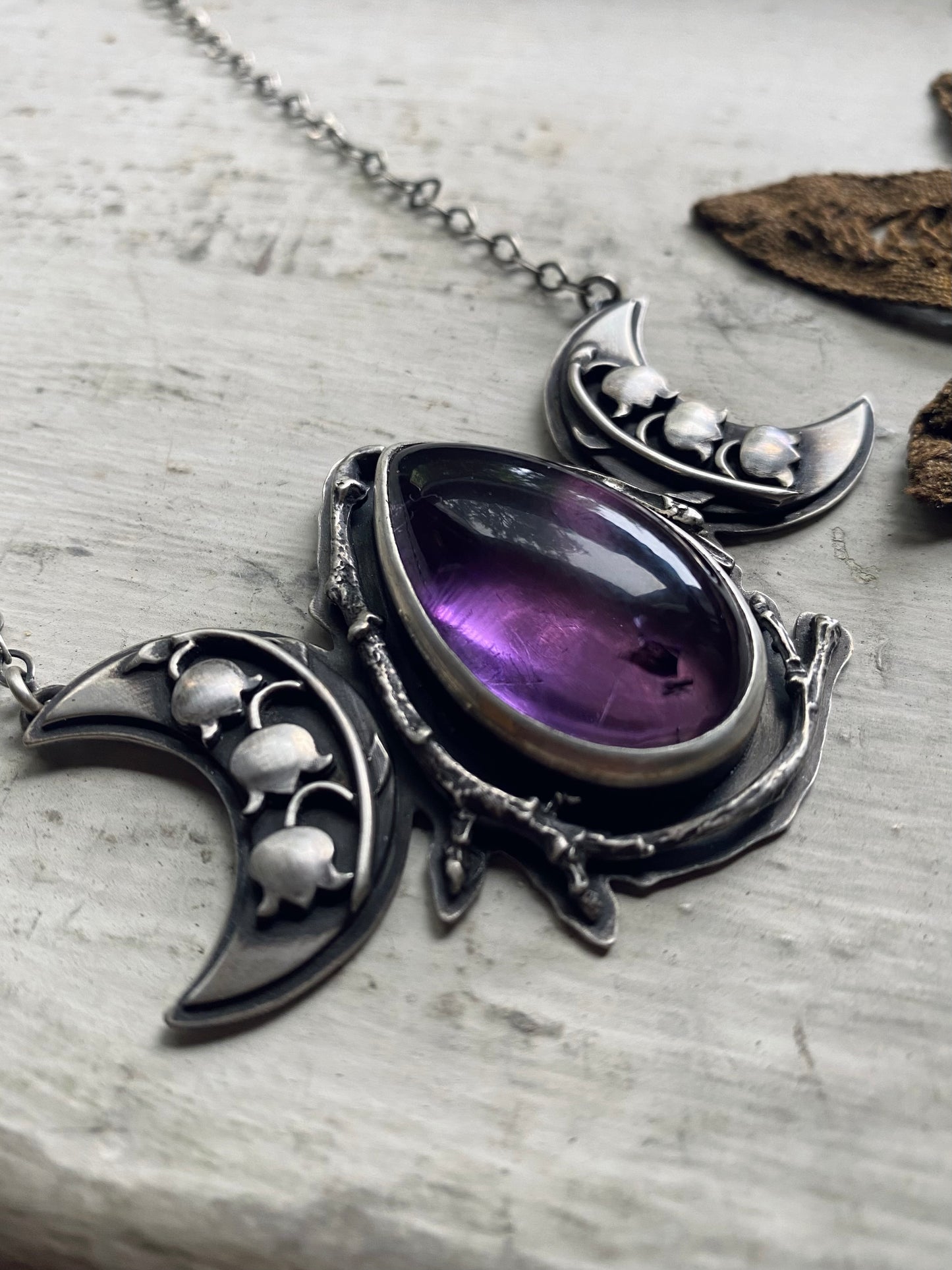 Amethyst & Lily of the Valley Triple Moon Pendant