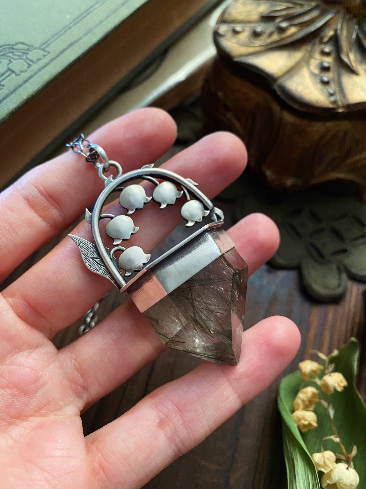 Lily of the Valley & Green Tourmaline in Quartz Talisman