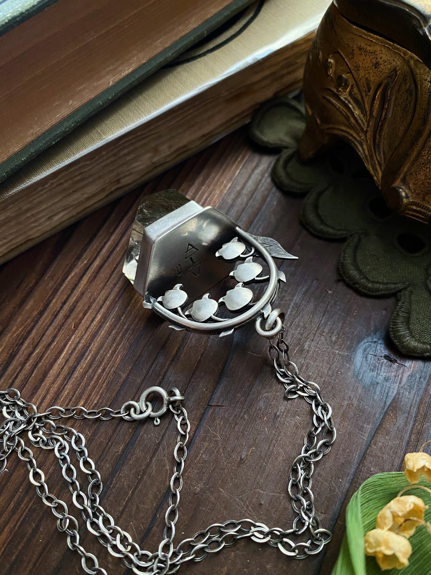 Lily of the Valley & Green Tourmaline in Quartz Talisman