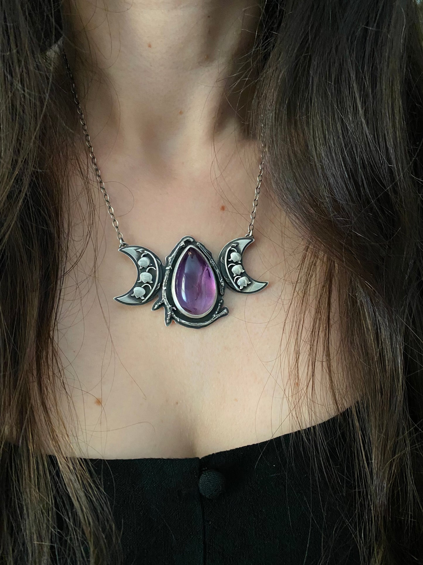 Amethyst & Lily of the Valley Triple Moon Pendant
