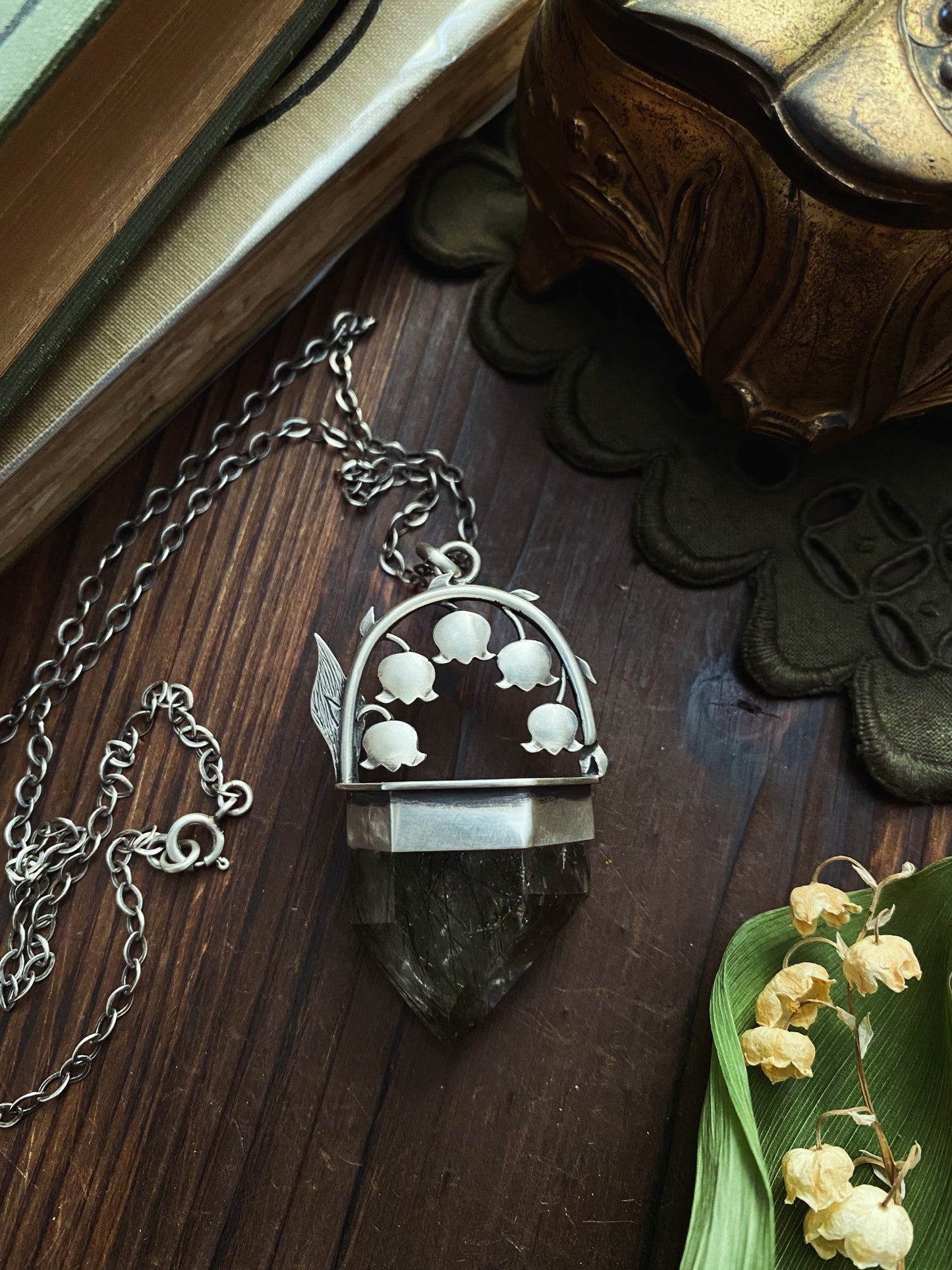 Lily of the Valley & Green Tourmaline in Quartz Talisman