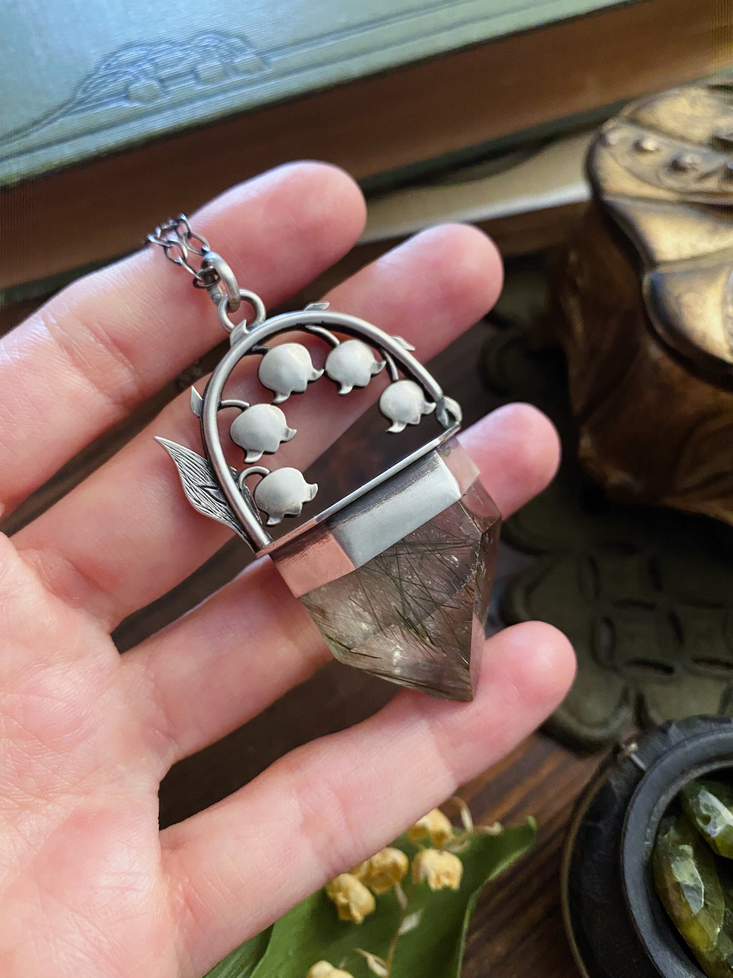 Lily of the Valley & Green Tourmaline in Quartz Talisman