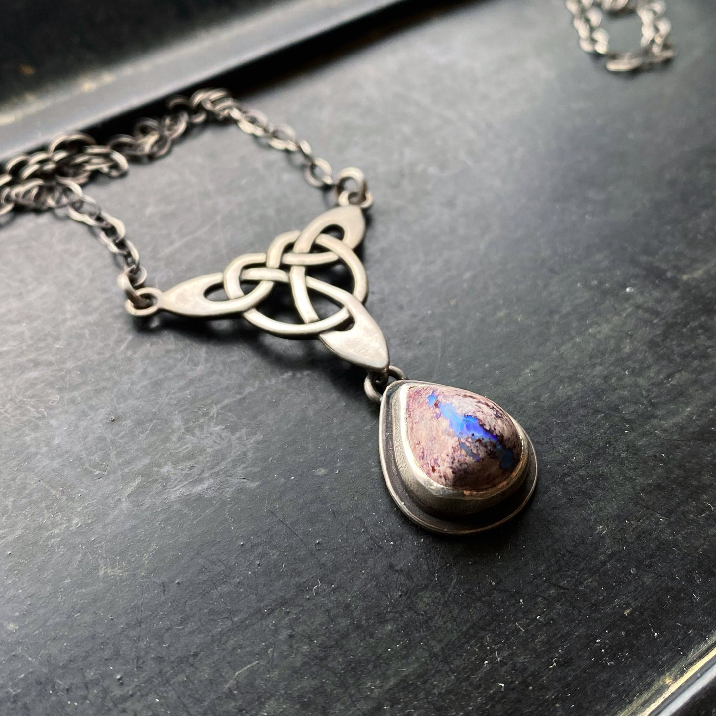 Celtic Knot Pendant ✦ Mexican Fire Opal ✦ 16 Inch Chain