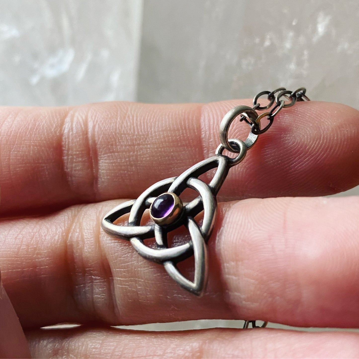 Triquetra Pendant ✦ Amethyst in 14k Gold Setting ✦ 22 Inch Chain
